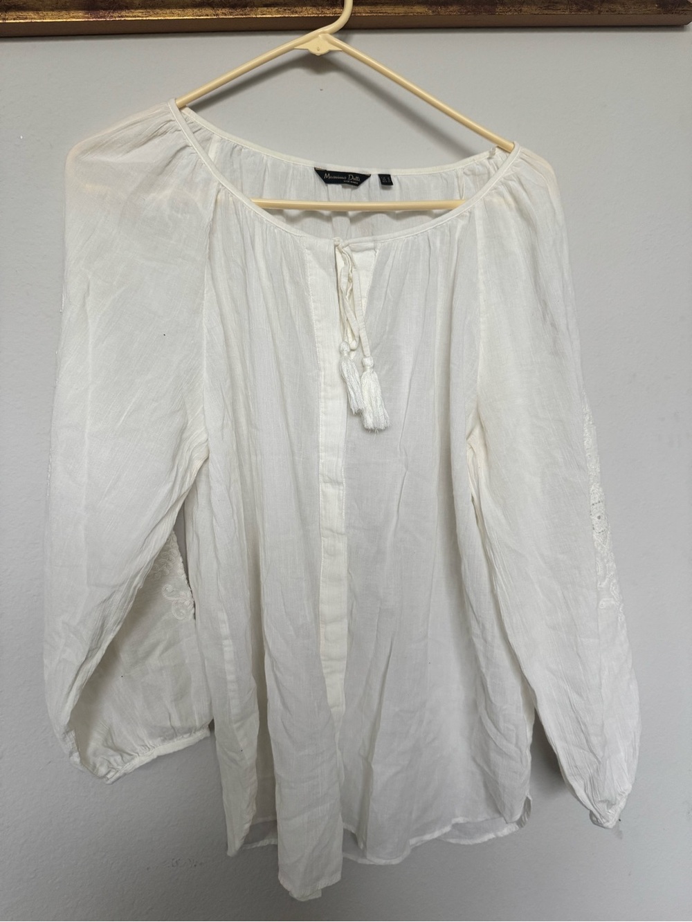 Massimo Dutti White Gauze Peasant Tunic with Tassel Neck